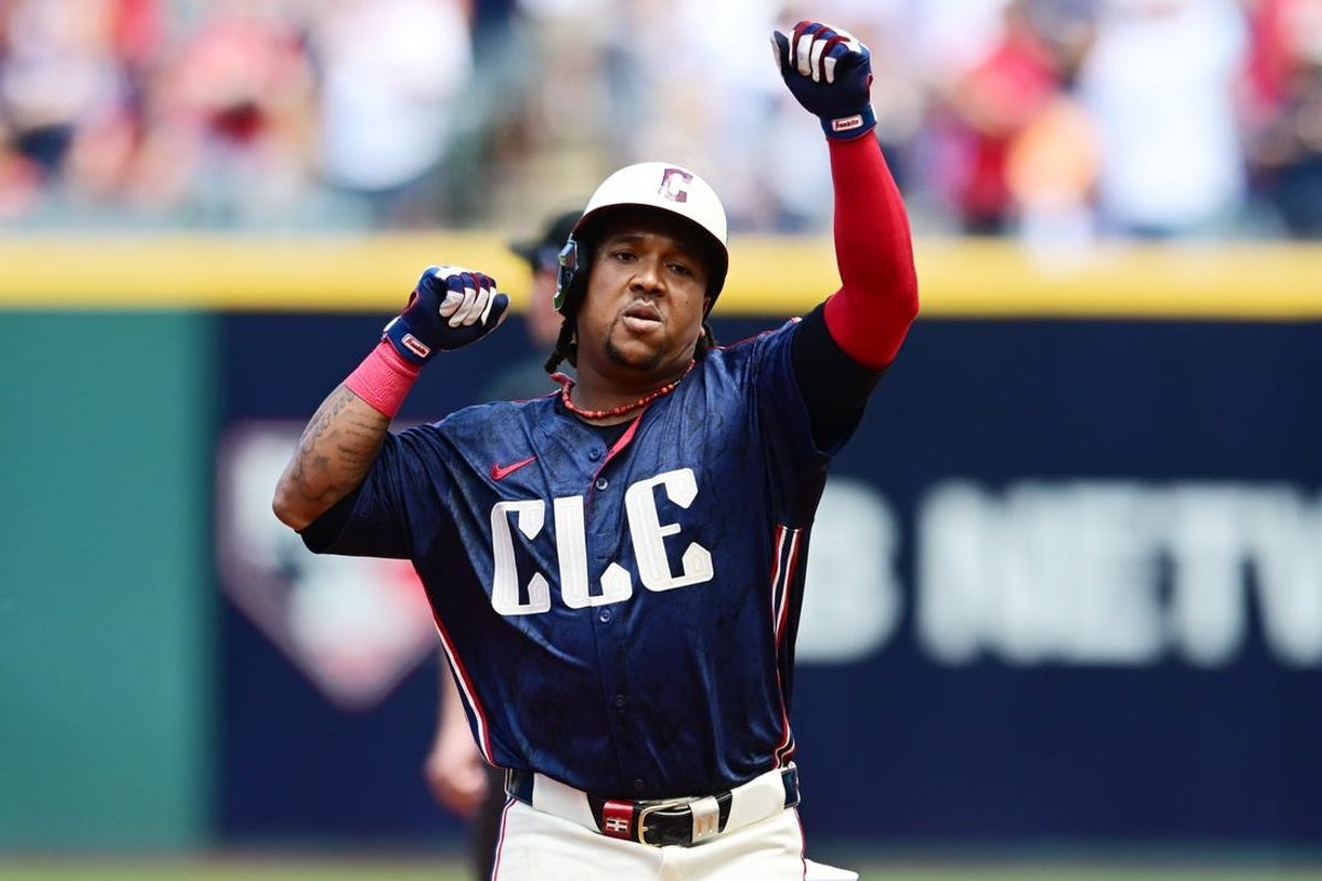 Jun 6, 2024; Cleveland, Ohio, USA; Cleveland Guardians third baseman Jose Ramirez (11) rounds the bases after hitting a home run during the third inning against the Kansas City Royals at Progressive Field. Mandatory Credit: Ken Blaze-USA TODAY Sports