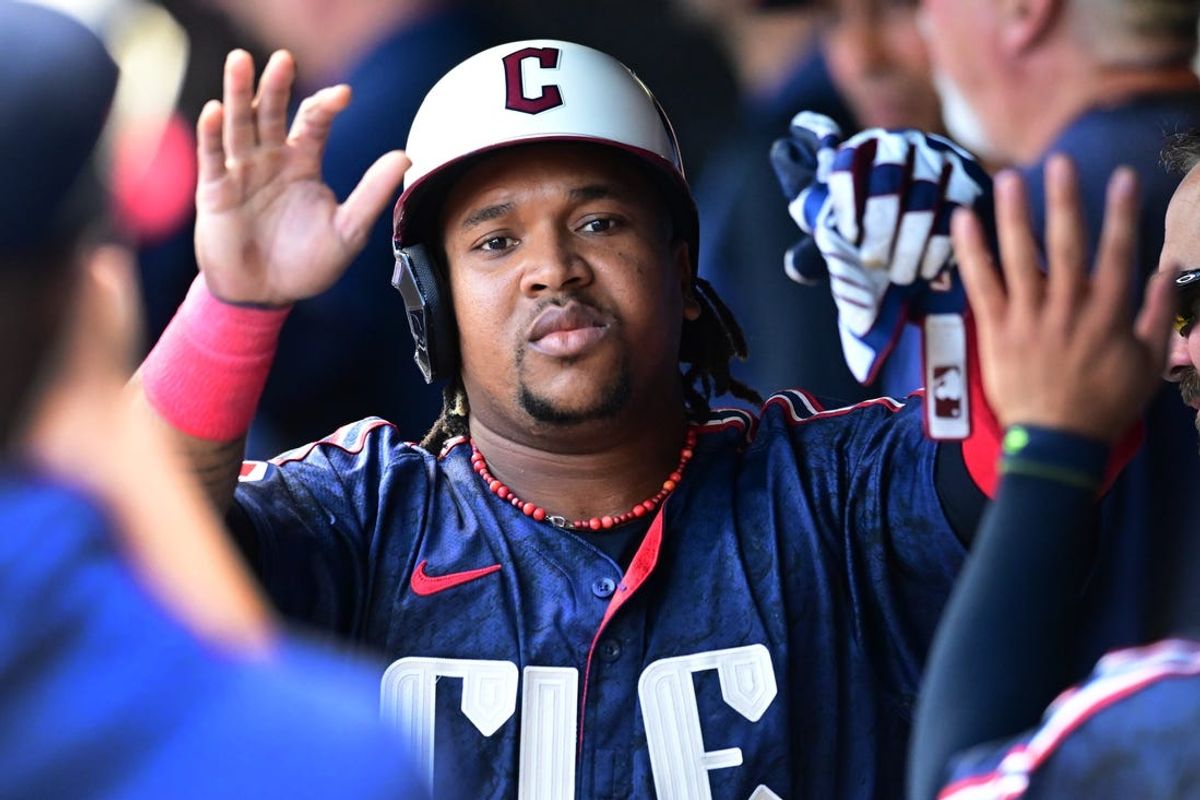 Jun 6, 2024; Cleveland, Ohio, USA; Cleveland Guardians third baseman Jose Ramirez (11) celebrates after hitting a home run during the third inning against the Kansas City Royals at Progressive Field. Mandatory Credit: Ken Blaze-USA TODAY Sports