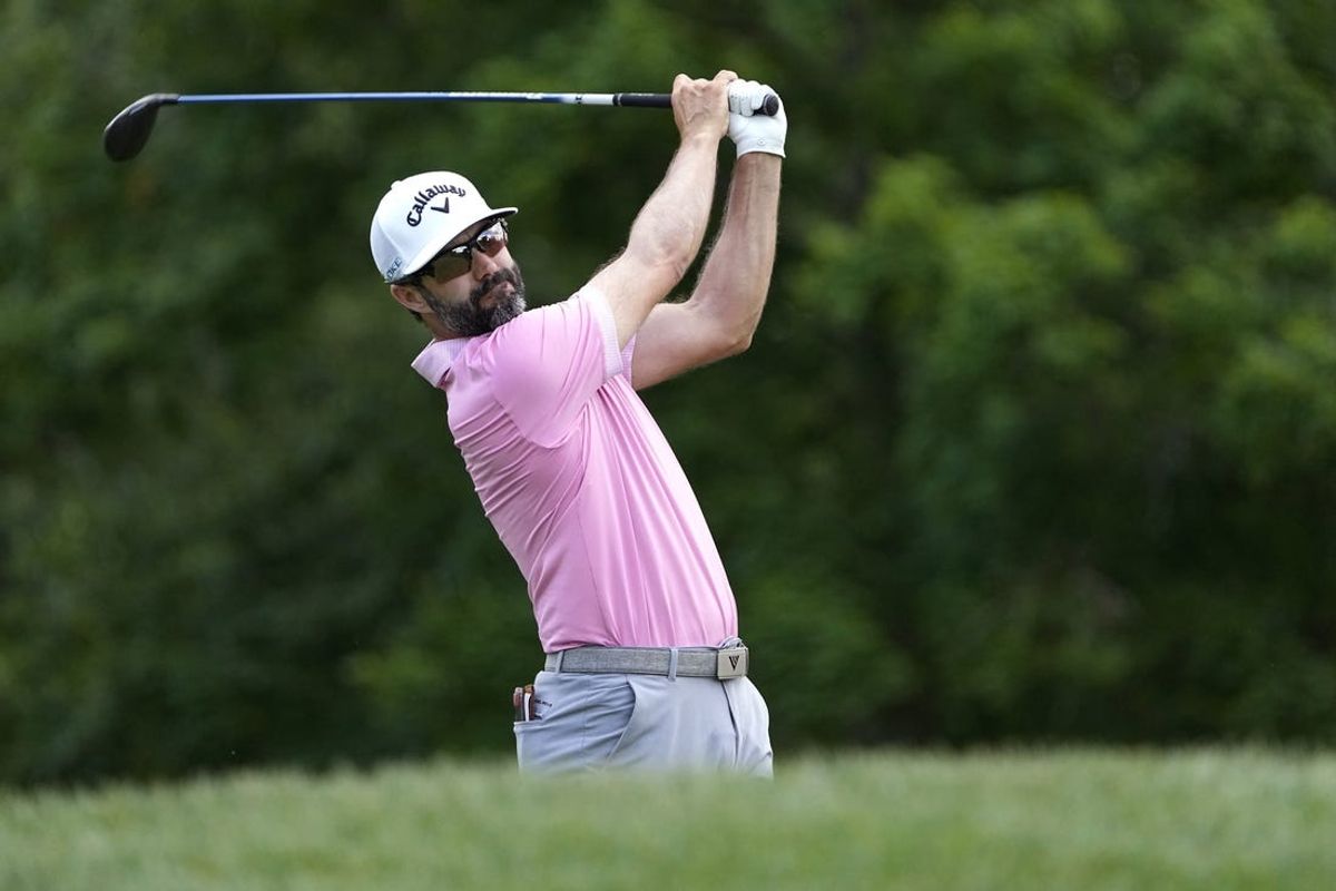 Jun 6, 2024; Dublin, Ohio, USA; Adam Hadwin plays his shot from the 18th tee during the first round of the Memorial Tournament at Muirfield Village Golf Club. Mandatory Credit: Adam Cairns-USA TODAY Sports