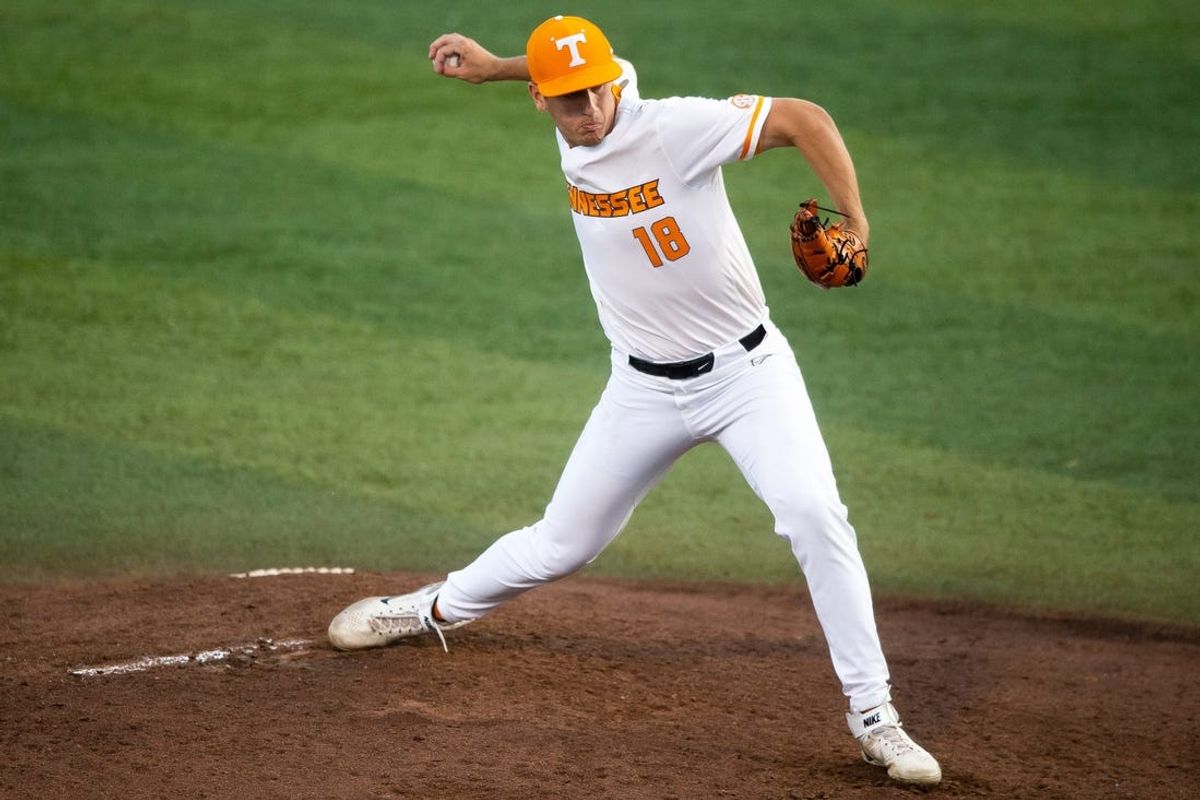 Tennessee's AJ Causey (18) throws a pitch during a NCAA baseball tournament Knoxville Regional game between Tennessee and Northern Kentucky held at Lindsey Nelson Stadium on Friday, May 31, 2024.