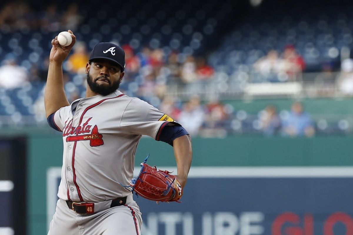 Jun 6, 2024; Washington, District of Columbia, USA; Atlanta Braves starting pitcher Reynaldo Lopez (40) pitches against the Washington Nationals during the first inning at Nationals Park. Mandatory Credit: Geoff Burke-USA TODAY Sports