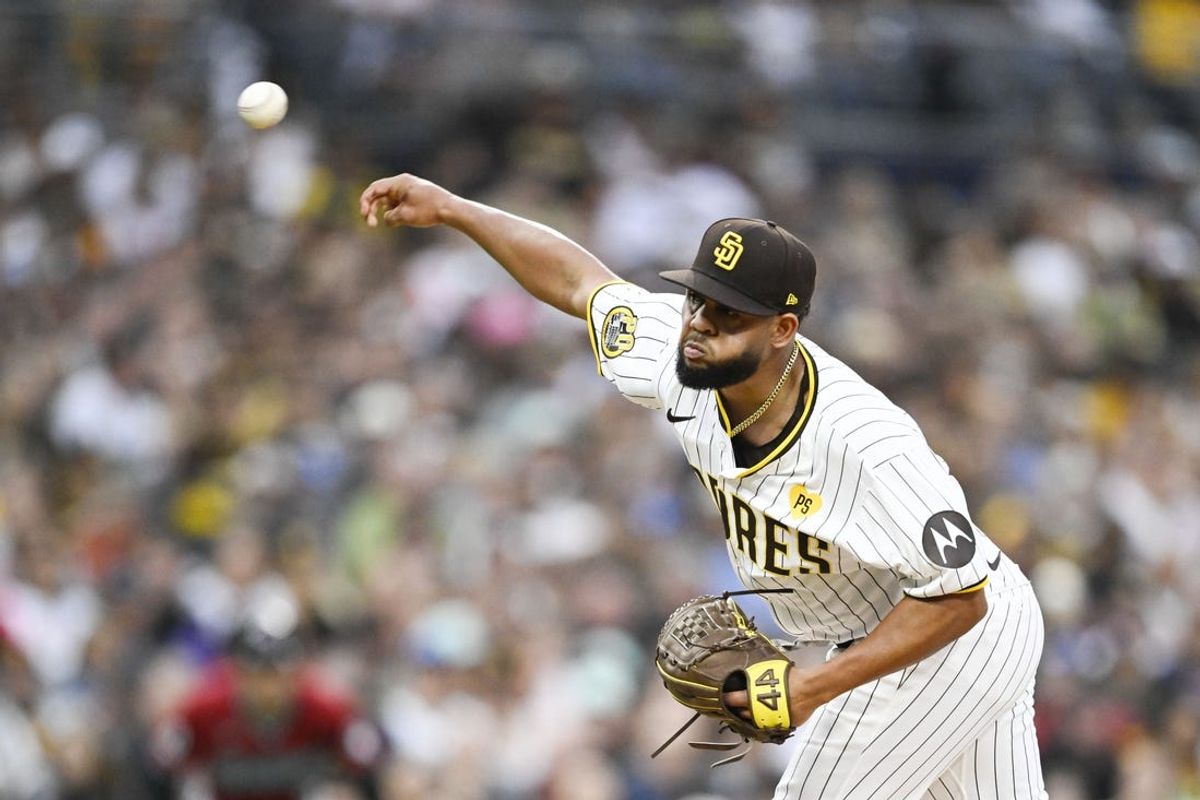 Jun 6, 2024; San Diego, California, USA; San Diego Padres starting pitcher Randy Vasquez (98) delivers during the first inning against the Arizona Diamondbacks at Petco Park. Mandatory Credit: Denis Poroy-USA TODAY Sports at Petco Park.