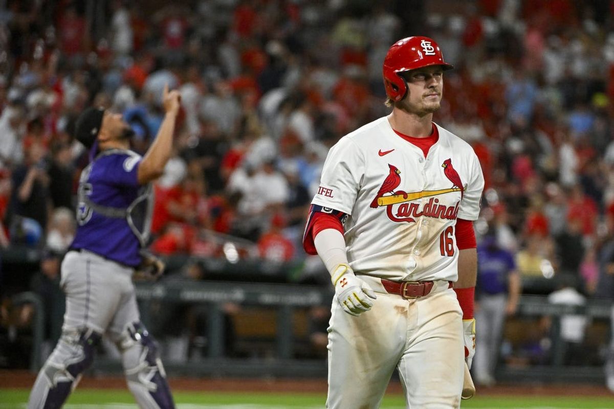Jun 6, 2024; St. Louis, Missouri, USA;  St. Louis Cardinals second baseman Nolan Gorman (16) walks back to the dugout after striking out to end the game against the Colorado Rockies at Busch Stadium. Mandatory Credit: Jeff Curry-USA TODAY Sports