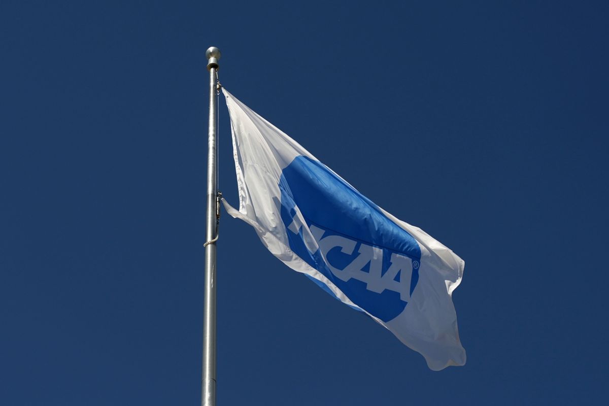 Jun 6, 2024; Eugene, OR, USA;  A NCAA logo flag at the NCAA Track and Field Championships at Hayward Field. Mandatory Credit: Kirby Lee-Imagn Images