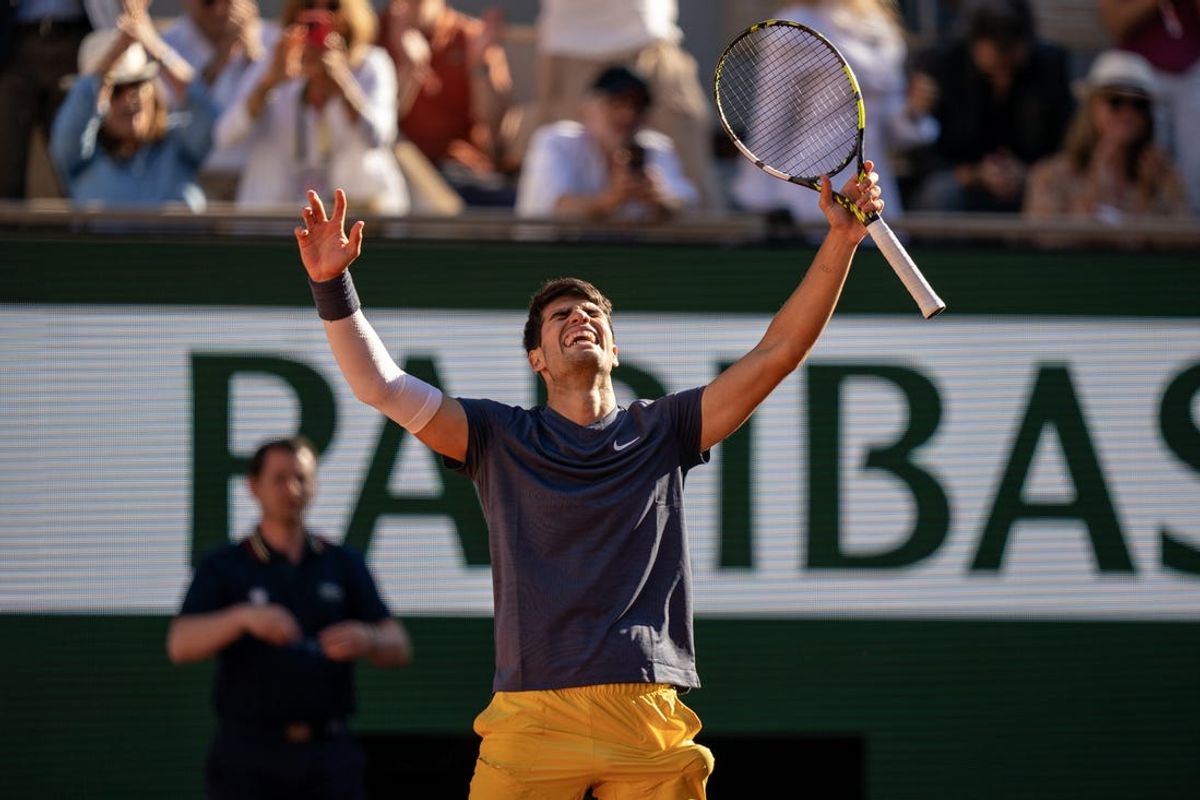 Jun 7, 2024; Paris, France; Carlos Alcaraz of Spain celebrates winning his match against Jannik Sinner of Italy on  day 13 of Roland Garros at Stade Roland Garros. Mandatory Credit: Susan Mullane-USA TODAY Sports