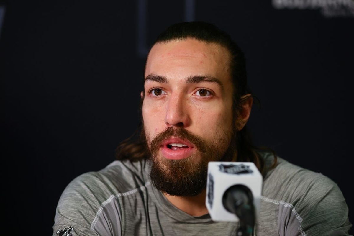 Jun 7, 2024; Sunrise, Florida, USA; Florida Panthers left wing Ryan Lomberg (94) speaks to reporters during media day in advance of the 2024 Stanley Cup Final at Amerant Bank Arena. Mandatory Credit: Sam Navarro-USA TODAY Sports