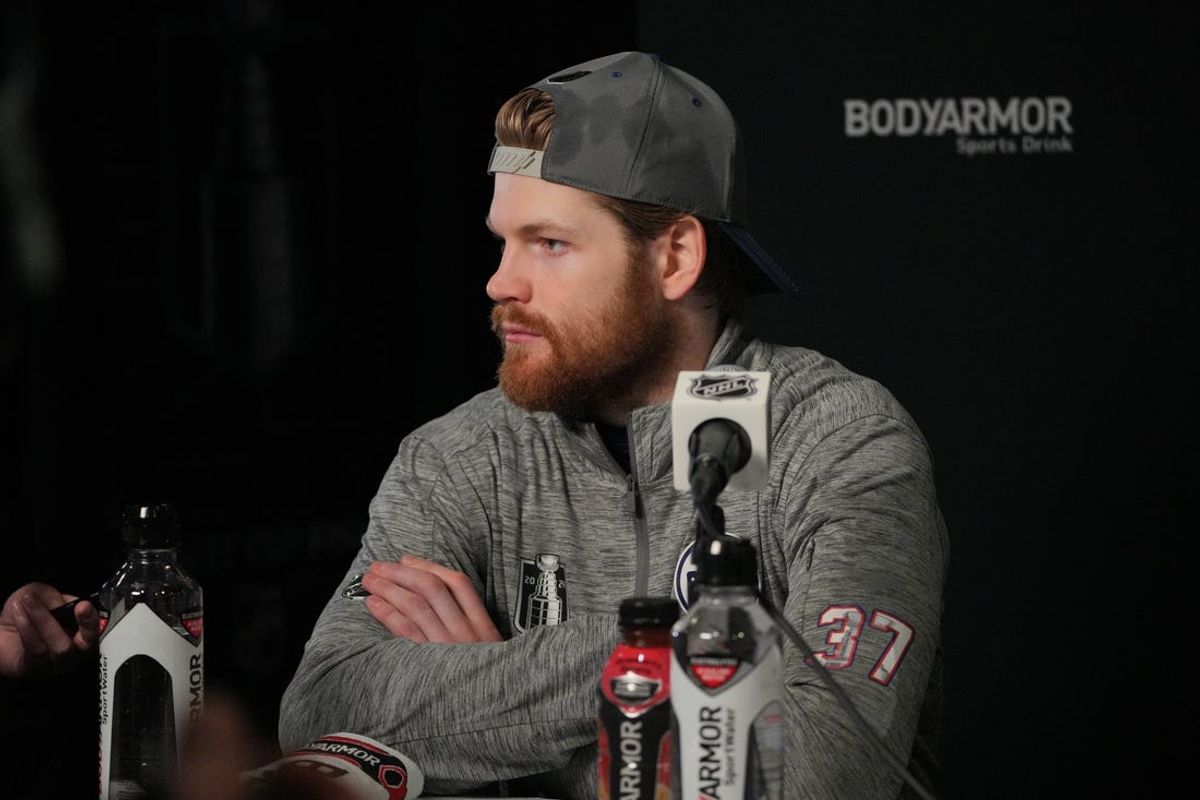 Jun 7, 2024; Sunrise, Florida, USA; Edmonton Oilers left wing Warren Foegele (37) takes questions during media day in advance of the 2024 Stanley Cup Final at Amerant Bank Arena. Mandatory Credit: Jim Rassol-USA TODAY Sports