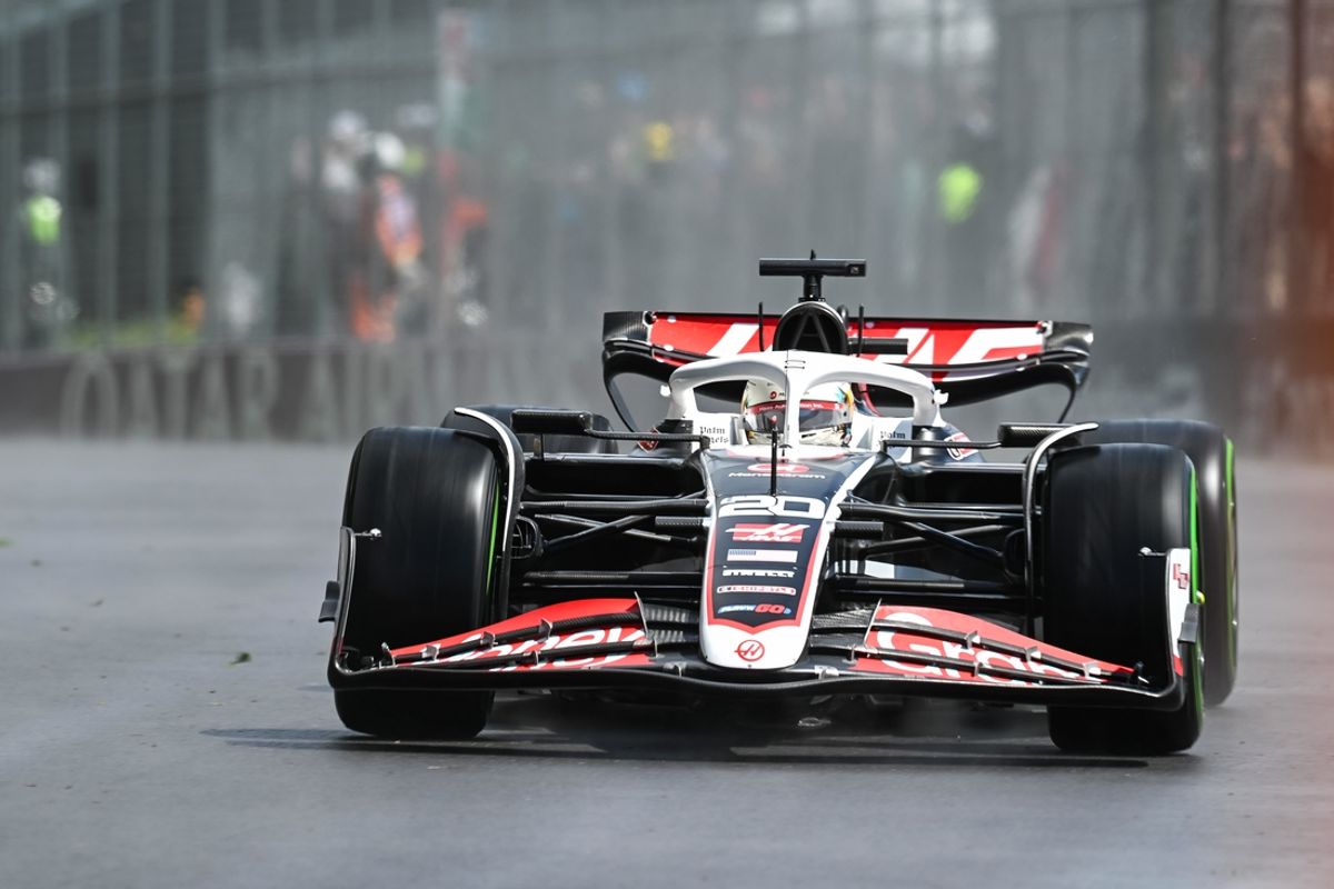 Jun 7, 2024; Montreal, Quebec, CAN; Haas driver Kevin Magnussen (DNK) races during FP1 practice session of the Canadian Grand Prix at Circuit Gilles Villeneuve. Mandatory Credit: David Kirouac-USA TODAY Sports