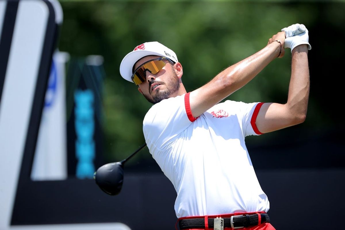 Jun 7, 2024; Houston, Texas, USA; Abraham Ancer of Fireballs Golf Club hits a tee shot on the first hole during the first round of the LIV Golf Houston golf tournament at Golf Club of Houston. Mandatory Credit: Erik Williams-USA TODAY Sports