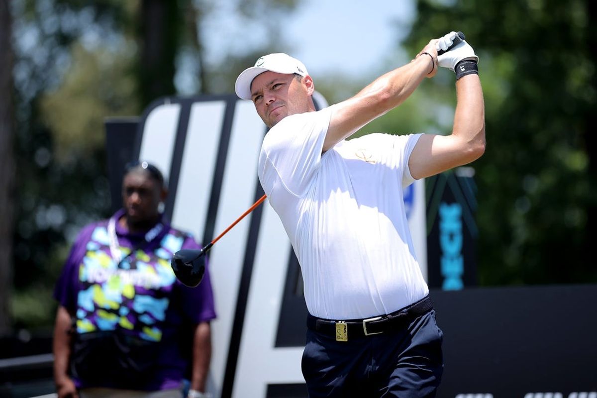 Jun 7, 2024; Houston, Texas, USA; Martin Kaymer of Cleeks Golf Club hits a tee shot on the first hole during the first round of the LIV Golf Houston golf tournament at Golf Club of Houston. Mandatory Credit: Erik Williams-USA TODAY Sports