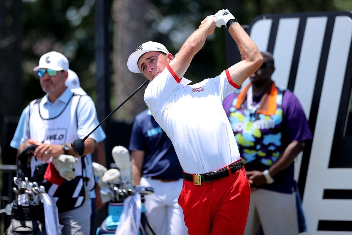 Jun 7, 2024; Houston, Texas, USA; David Puig of Fireballs Golf Club hits a tee shot on the first hole during the first round of the LIV Golf Houston golf tournament at Golf Club of Houston. Mandatory Credit: Erik Williams-USA TODAY Sports