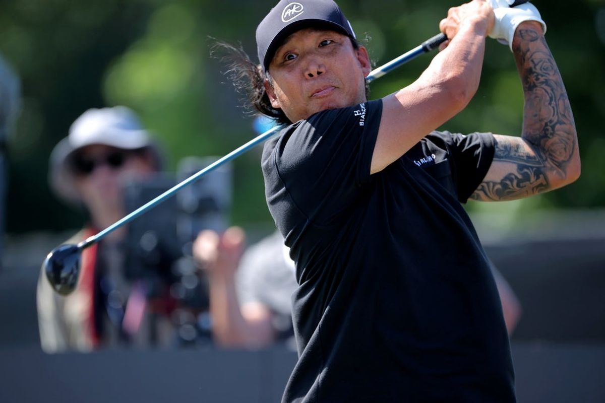 Jun 7, 2024; Houston, Texas, USA; Anthony Kim hits a tee shot on the first hole during the first round of the LIV Golf Houston golf tournament at Golf Club of Houston. Mandatory Credit: Erik Williams-Imagn Images