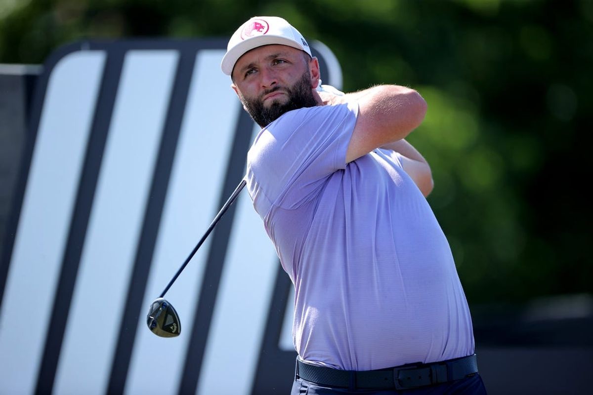 Jun 7, 2024; Houston, Texas, USA; Jon Rahm of Legion XIII hits a tee shot on the first hole during the first round of the LIV Golf Houston golf tournament at Golf Club of Houston. Mandatory Credit: Erik Williams-USA TODAY Sports