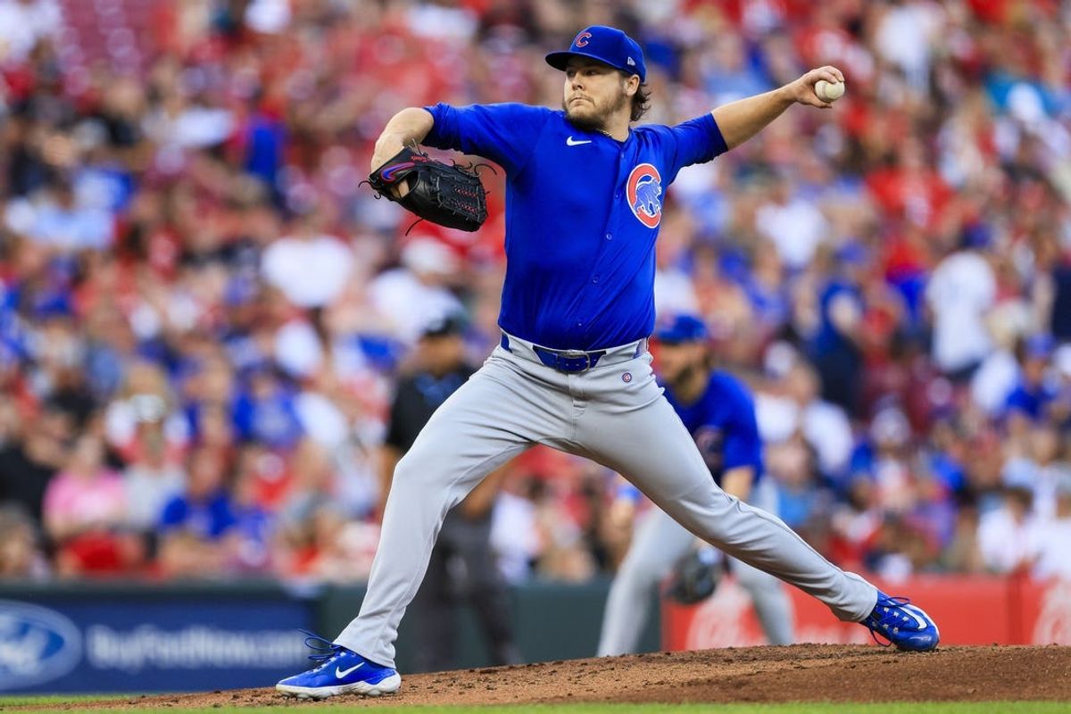 Jun 7, 2024; Cincinnati, Ohio, USA; Chicago Cubs starting pitcher Justin Steele (35) pitches against the Cincinnati Reds in the first inning at Great American Ball Park. Mandatory Credit: Katie Stratman-USA TODAY Sports