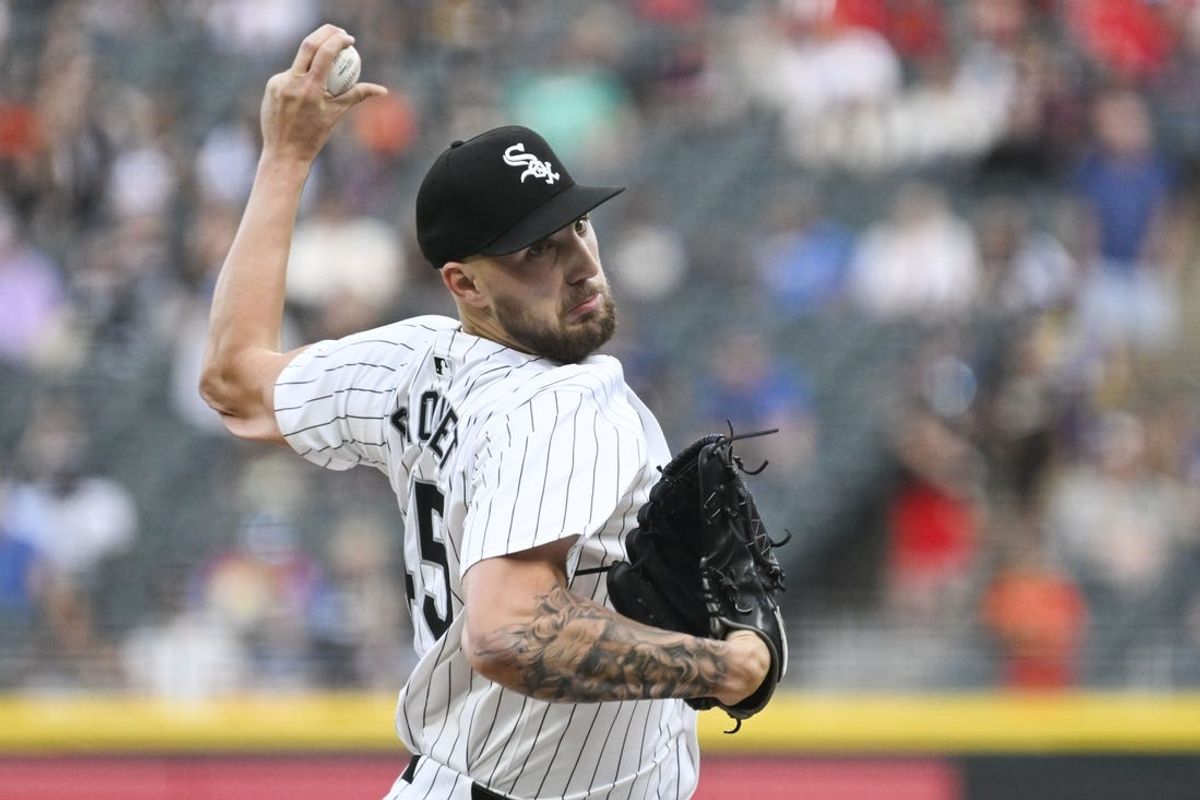 Jun 7, 2024; Chicago, Illinois, USA;  Chicago White Sox pitcher Garrett Crochet (45) delivers against the Boston Red Sox during the first inning at Guaranteed Rate Field. Mandatory Credit: Matt Marton-USA TODAY Sports