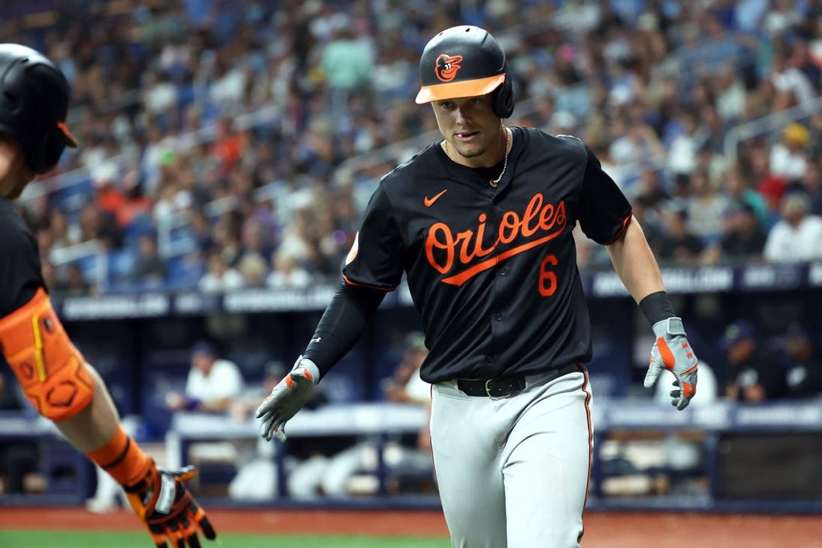 Jun 7, 2024; St. Petersburg, Florida, USA; Baltimore Orioles first base Ryan Mountcastle (6) is congratulated after he hit a 2-run home run against the Tampa Bay Rays  during the fifth inning at Tropicana Field. Mandatory Credit: Kim Klement Neitzel-USA TODAY Sports