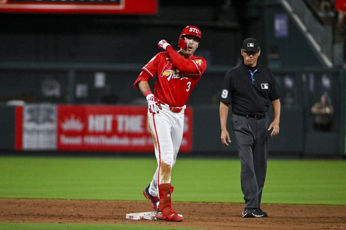 Jun 7, 2024; St. Louis, Missouri, USA;  St. Louis Cardinals center fielder Dylan Carlson (3) celebrates after hitting a two run double against the Colorado Rockies during the eighth inning at Busch Stadium. Mandatory Credit: Jeff Curry-USA TODAY Sports