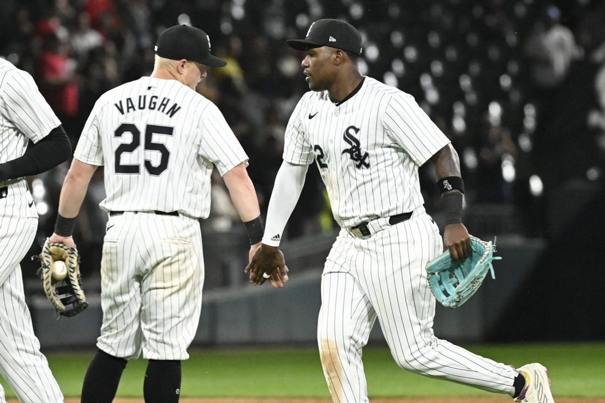 Jun 7, 2024; Chicago, Illinois, USA;  Chicago White Sox first base Andrew Vaughn (25) and  outfielder Oscar Colás (22)  after the game against the Boston Red Sox at Guaranteed Rate Field. Mandatory Credit: Matt Marton-USA TODAY Sports