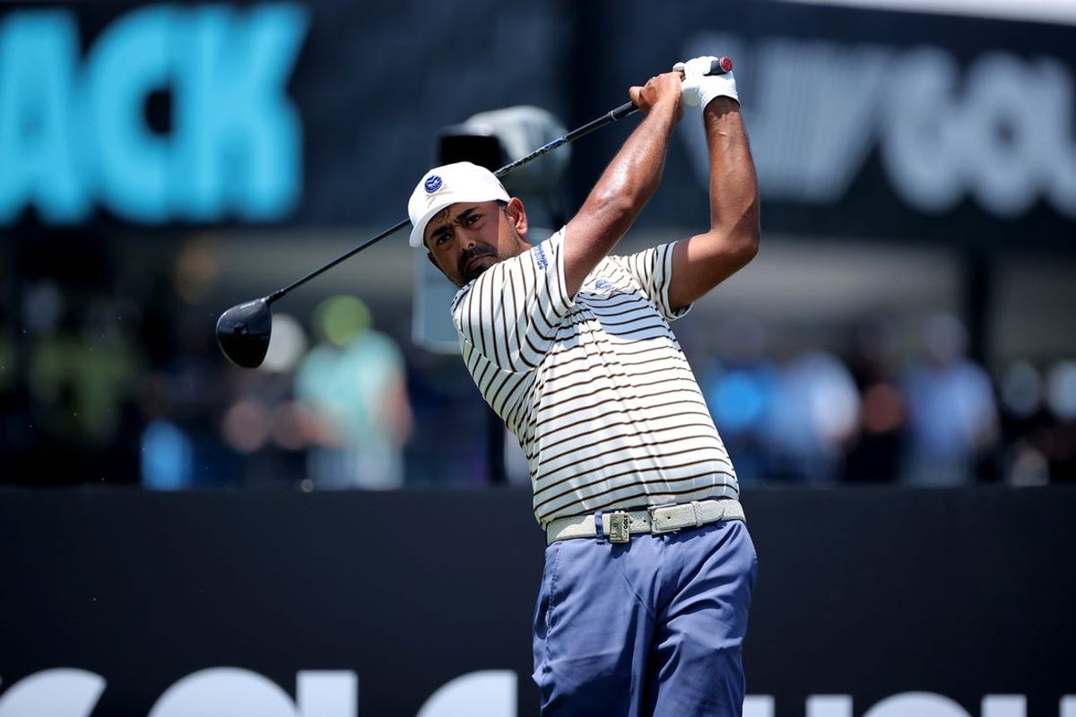 Jun 8, 2024; Houston, Texas, USA; Anirban Lahiri of Crushers Golf Club tees off on the 17th hole during the second round of the LIV Golf Houston golf tournament at Golf Club of Houston. Mandatory Credit: Erik Williams-USA TODAY Sports