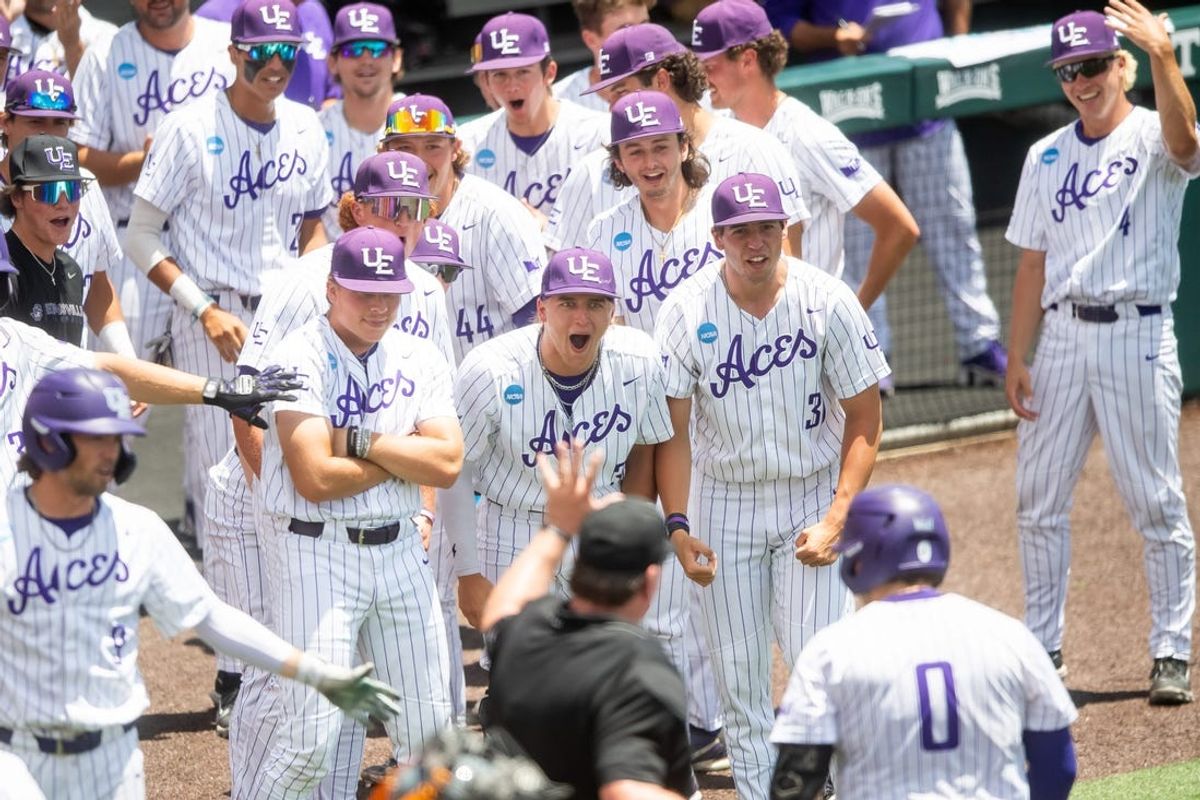 The Evansville dugout celebrates a home run by Evansville's Brendan Hord (0) during game two of the NCAA baseball tournament Knoxville Super Regional between Tennessee and Evansville held at Lindsey Nelson Stadium on Saturday, June 8, 2024.