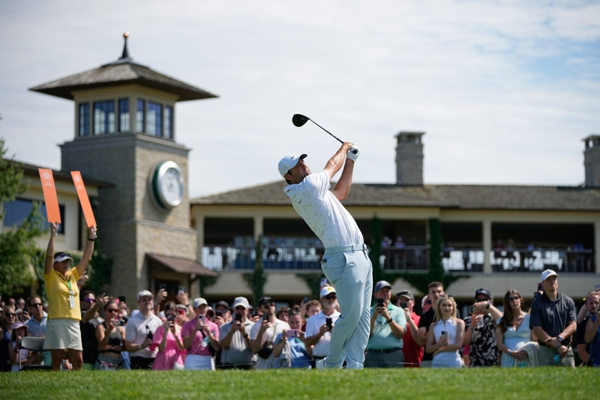 Jun 8, 2024; Dublin, Ohio, USA; Scottie Scheffler tees off on the tenth hole during the third round of the Memorial Tournament at Muirfield Village Golf Club. Mandatory Credit: Adam Cairns-USA TODAY Sports