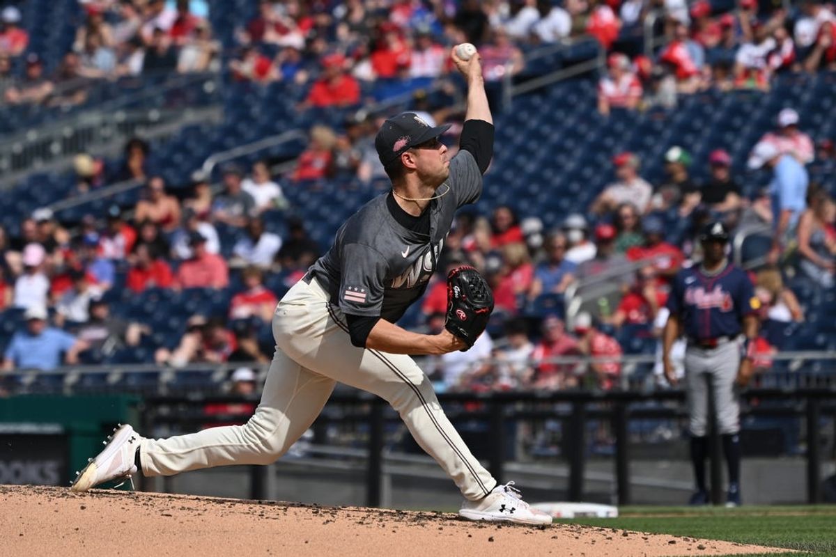 Jun 8, 2024; Washington, District of Columbia, USA; Washington Nationals starting pitcher MacKenzie Gore (1) throws a pitch against the Atlanta Braves during the second inning at Nationals Park. Mandatory Credit: Rafael Suanes-USA TODAY Sports