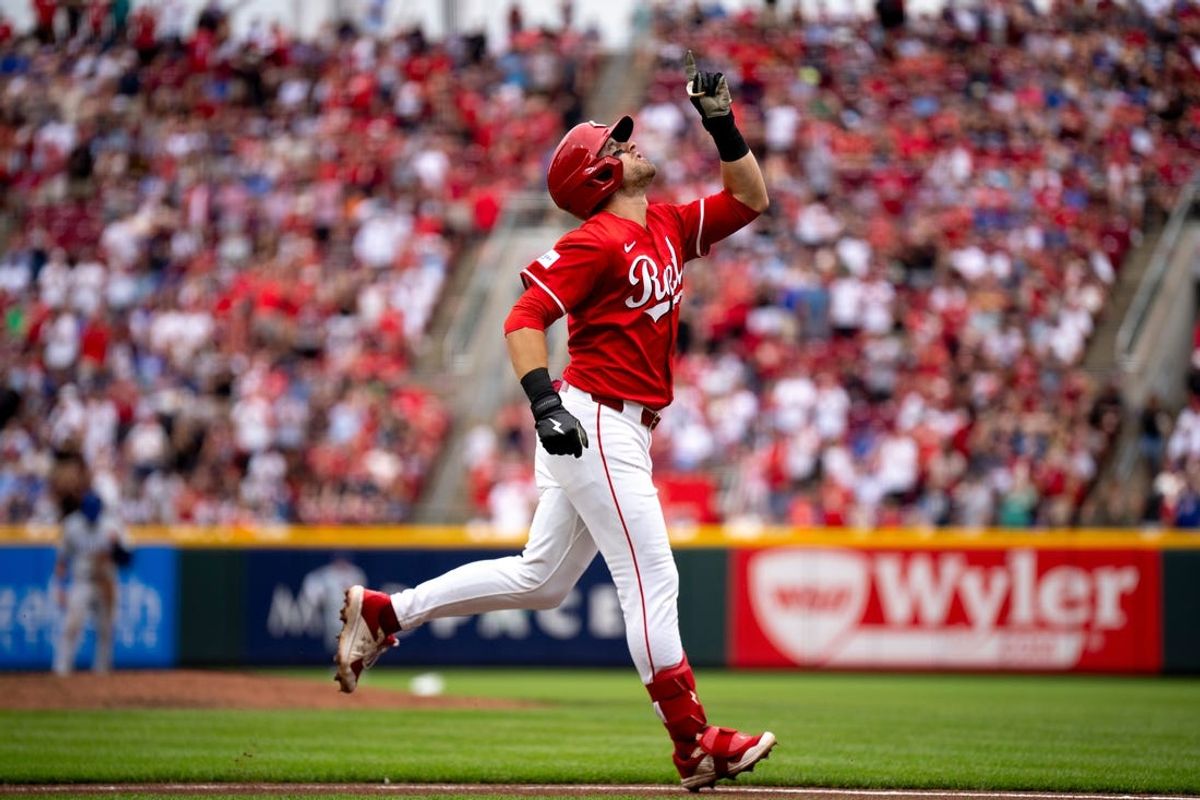 Cincinnati Reds outfielder TJ Friedl (29) gestures as he rounds the bases after hitting a 2-run home run giving the reds the lead in the third inning of the MLB game between the Cincinnati Reds and the Chicago Cubs at Great American Ball Park in Cincinnati on Saturday, June 8, 2024.