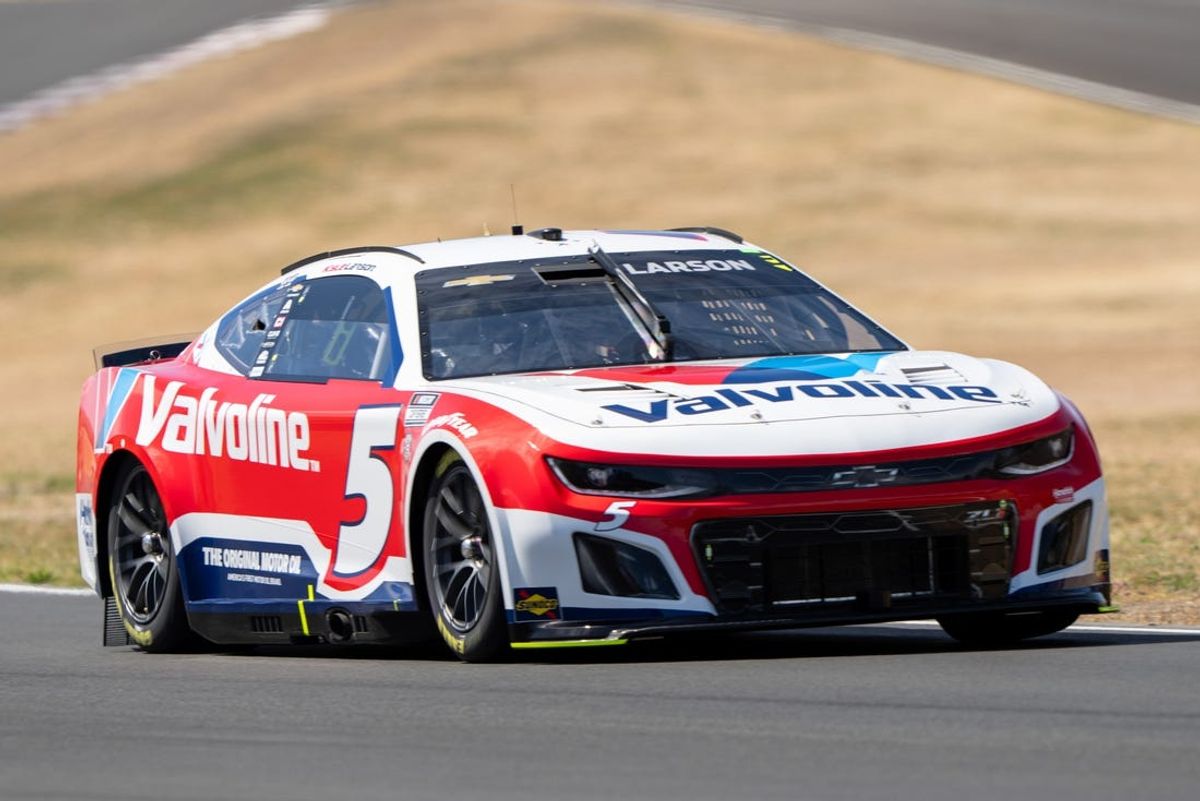 Jun 8, 2024; Sonoma, California, USA;  NASCAR Cup Series driver Kyle Larson (5) races for cup qualifications at Sonoma Raceway. Mandatory Credit: Stan Szeto-USA TODAY Sports
