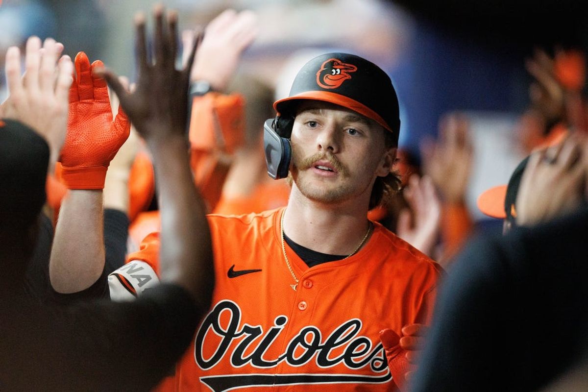 Jun 8, 2024; St. Petersburg, Florida, USA;  Baltimore Orioles shortstop Gunnar Henderson (2) celebrates after hitting a three-run home run against the Tampa Bay Rays in the ninth inning  at Tropicana Field. Mandatory Credit: Nathan Ray Seebeck-USA TODAY Sports
