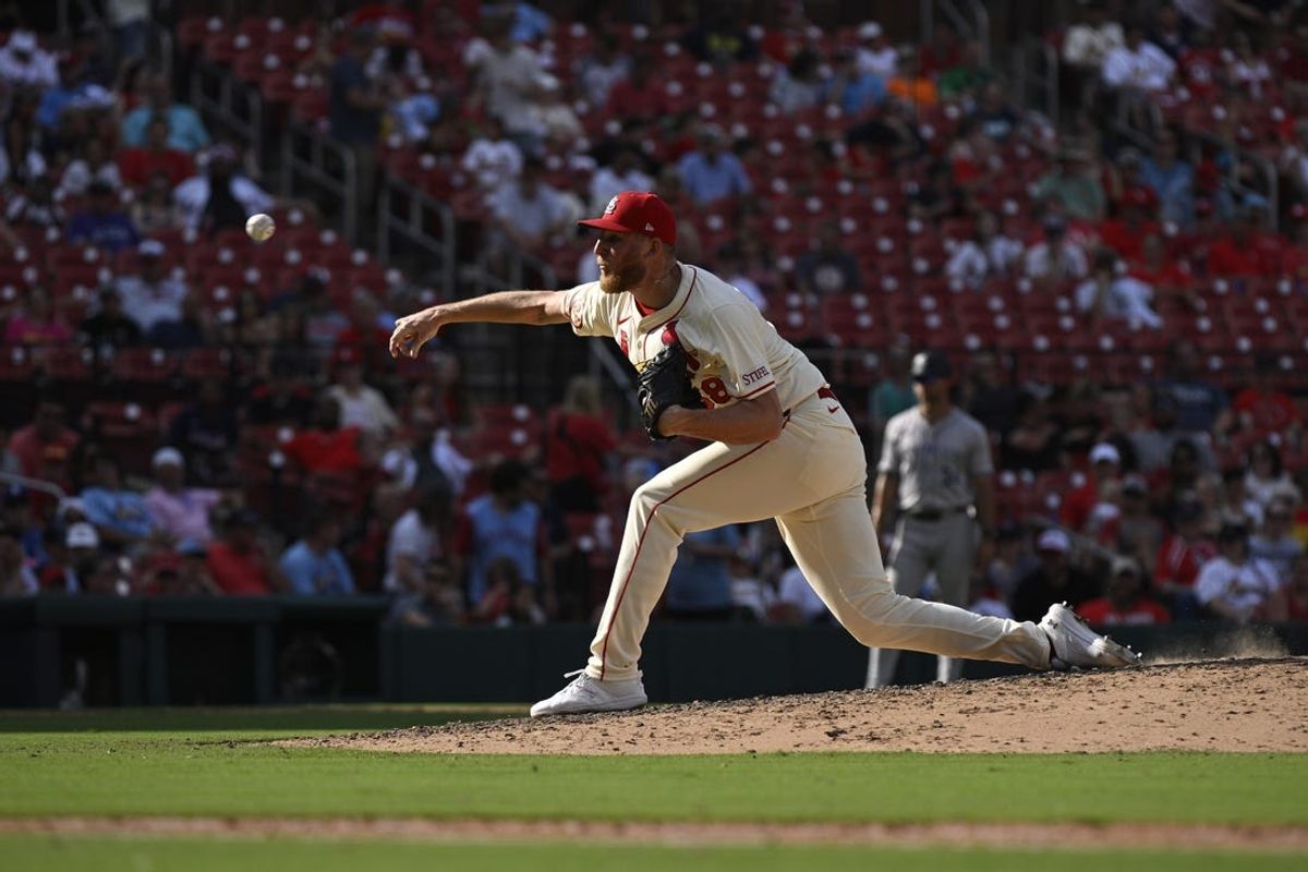 Jun 8, 2024; St. Louis, Missouri, USA; St. Louis Cardinals pitcher Chris Roycroft (58) throws against the Colorado Rockies during the eighth inning at Busch Stadium. Mandatory Credit: Jeff Le-USA TODAY Sports