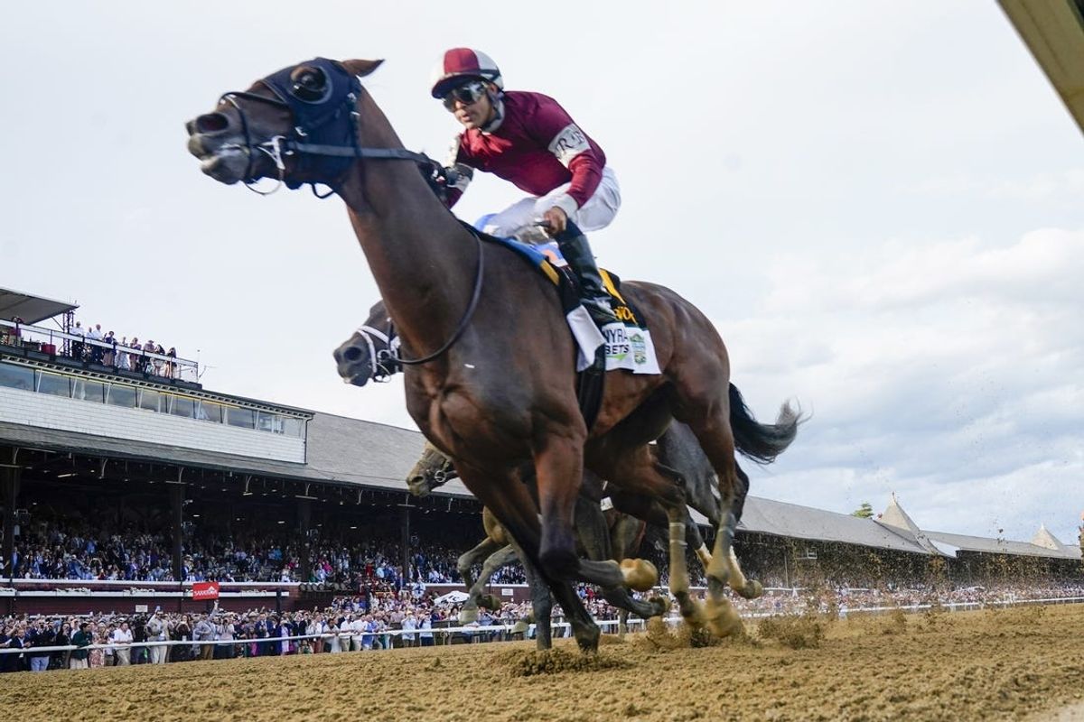 Jun 8, 2024; Saratoga Springs, NY, USA; Dornoch with Luis Saez up (6) wins the Belmont Stakes at Saratoga Race Course. Mandatory Credit: Gregory Fisher-USA TODAY Sports