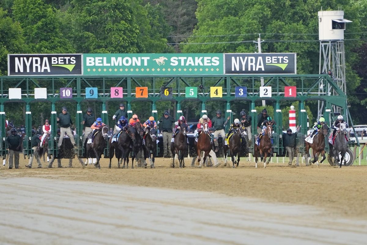 Jun 8, 2024; Saratoga Springs, NY, USA; A general view of the start of the Belmont Stake at Saratoga Race Course. Mandatory Credit: Gregory Fisher-Imagn Images