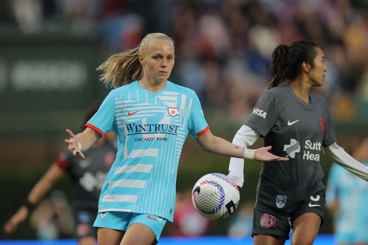 Jun 8, 2024; Chicago, Illinois, USA; Chicago Red Stars forward Penelope Hocking (55) reacts to a call in the second half against Bay FC at Wrigley Field. Mandatory Credit: Melissa Tamez-USA TODAY Sports