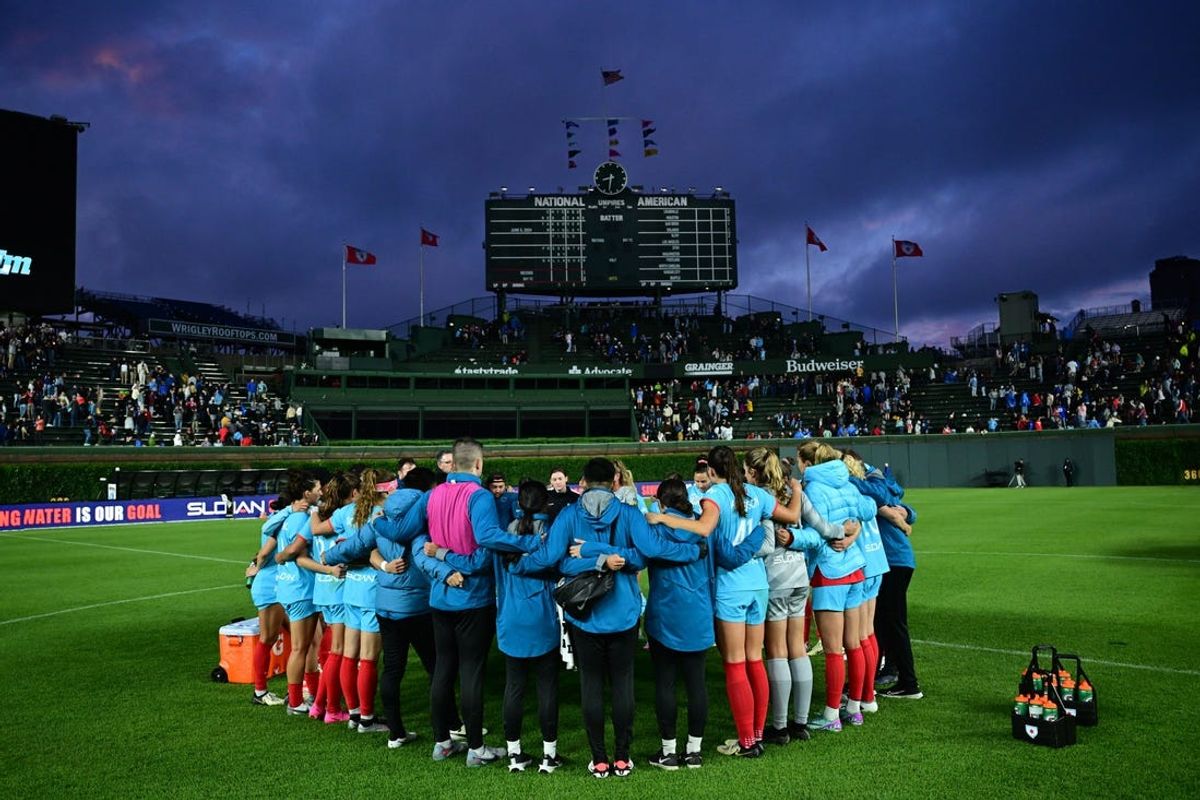 Jun 8, 2024; Chicago, Illinois, USA; The Chicago Red Stars huddle after the match against Bay FC at Wrigley Field. Mandatory Credit: Daniel Bartel-USA TODAY Sports