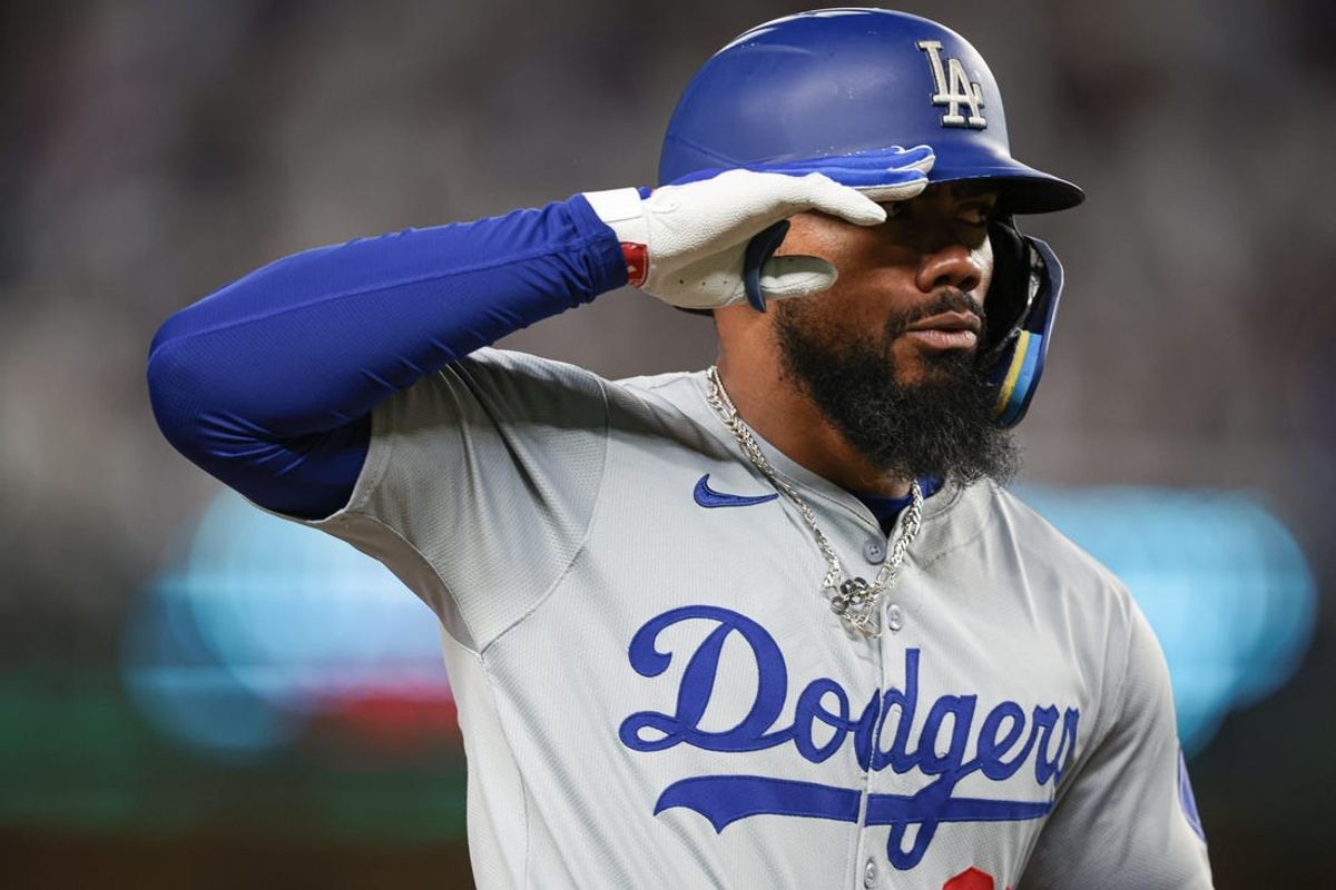 Jun 8, 2024; Bronx, New York, USA;  Los Angeles Dodgers right fielder Teoscar Hernandez (37) celebrates while running the bases during his grand slam home run during the eighth inning against the New York Yankees at Yankee Stadium. Mandatory Credit: Vincent Carchietta-USA TODAY Sports