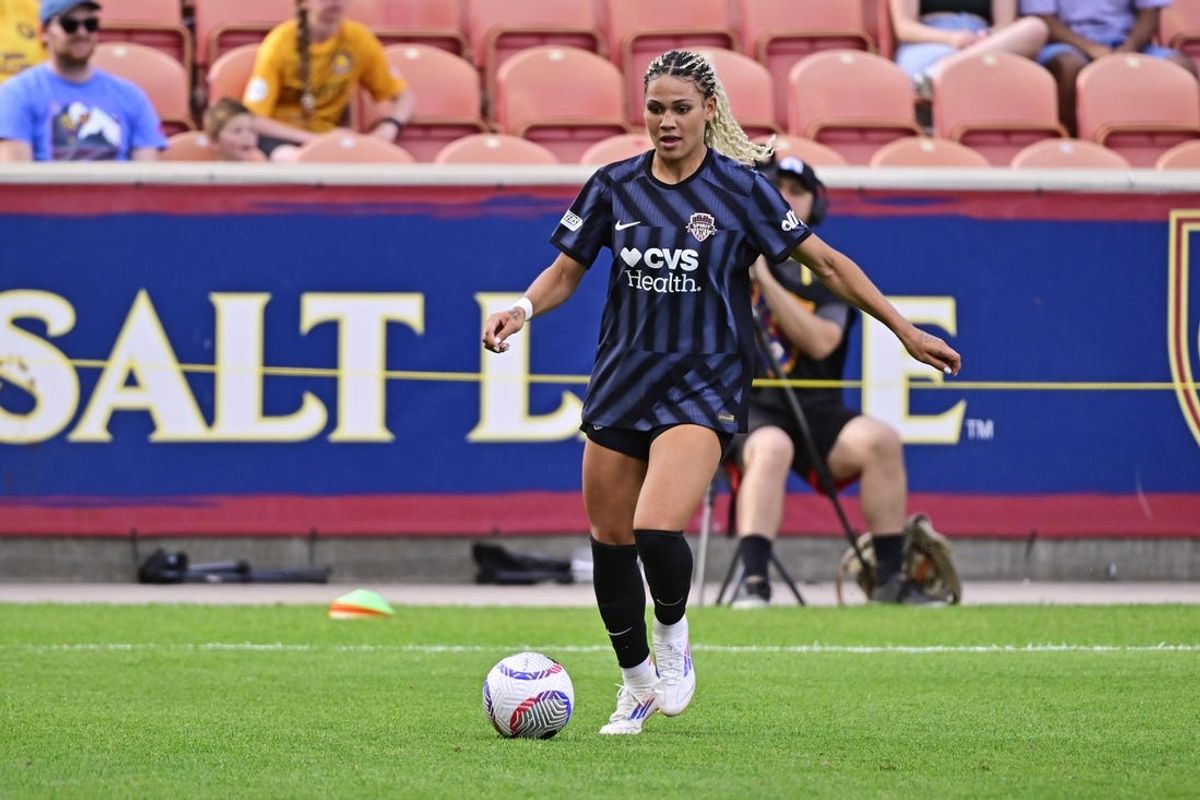Jun 8, 2024; Sandy, Utah, USA; Washington Spirit forward Trinity Rodman (2) controls the ball during the second half against Utah Royals FC at America First Field. Mandatory Credit: Christopher Creveling-USA TODAY Sports