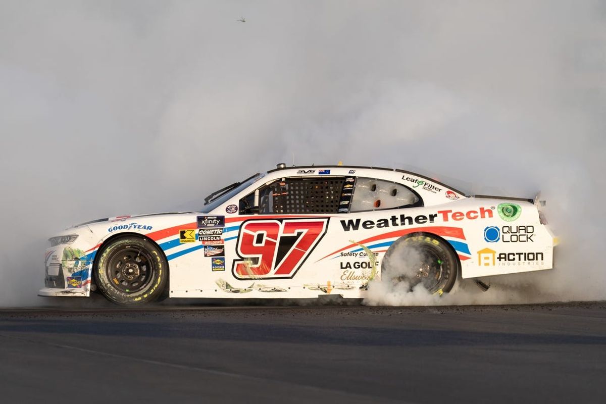 Jun 8, 2024; Sonoma, California, USA;  NASCAR Xfinity Series driver Shane van Gisbergen (97) performs a burnout after winning the NASCAR Xfinity Sonoma 250 at Sonoma Raceway. Mandatory Credit: Stan Szeto-USA TODAY Sports