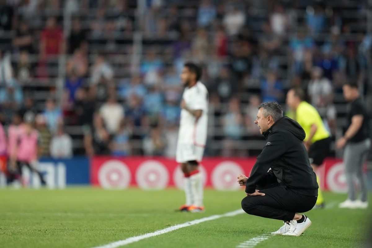 Jun 8, 2024; Saint Paul, Minnesota, USA; FC Dallas head coach Nico Estevez reacts in the second half against the Minnesota United at Allianz Field. Mandatory Credit: Brace Hemmelgarn-USA TODAY Sports