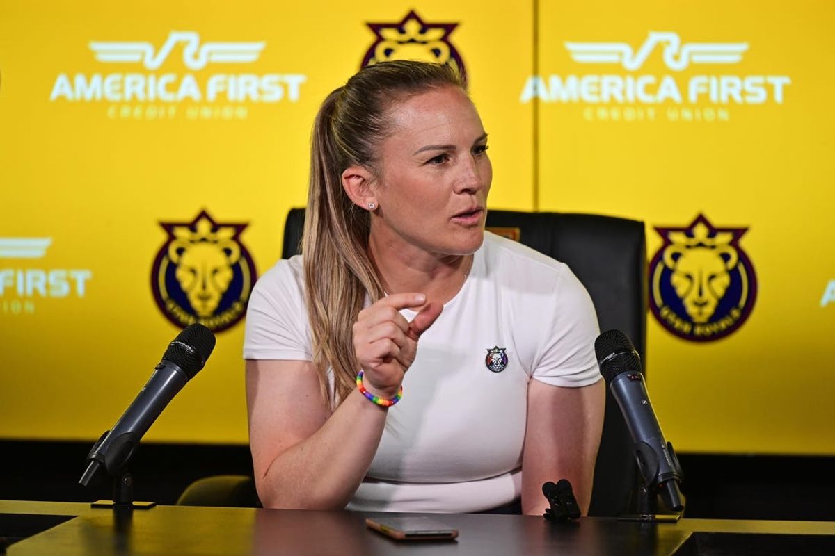Jun 8, 2024; Sandy, Utah, USA; Utah Royals FC head coach Amy Rodriguez reacts during a post interview after the game against Washington Spirit at America First Field. Mandatory Credit: Christopher Creveling-USA TODAY Sports