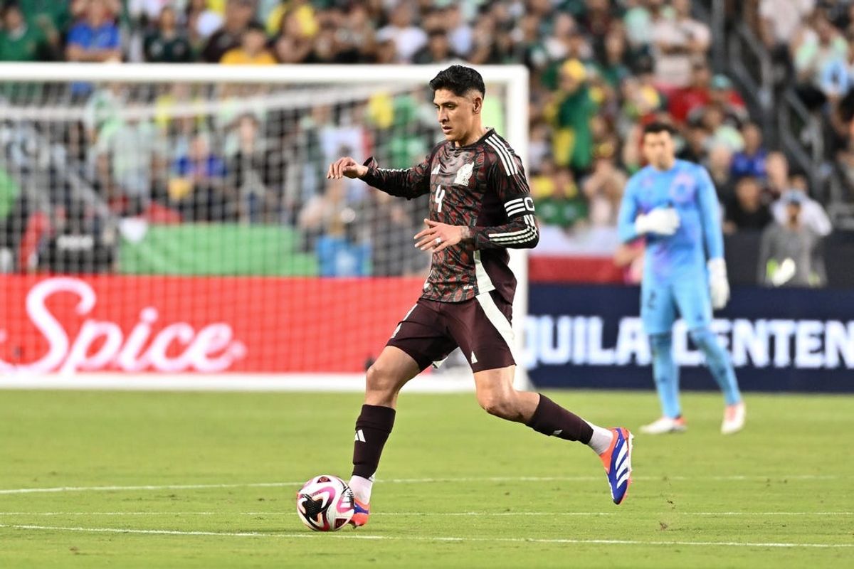 Jun 8, 2024; College Station, TX, USA; Mexico midfielder Edson Alvarez (4) dribbles the ball during the first half against Brazil at Kyle Field. Mandatory Credit: Maria Lysaker-USA TODAY Sports