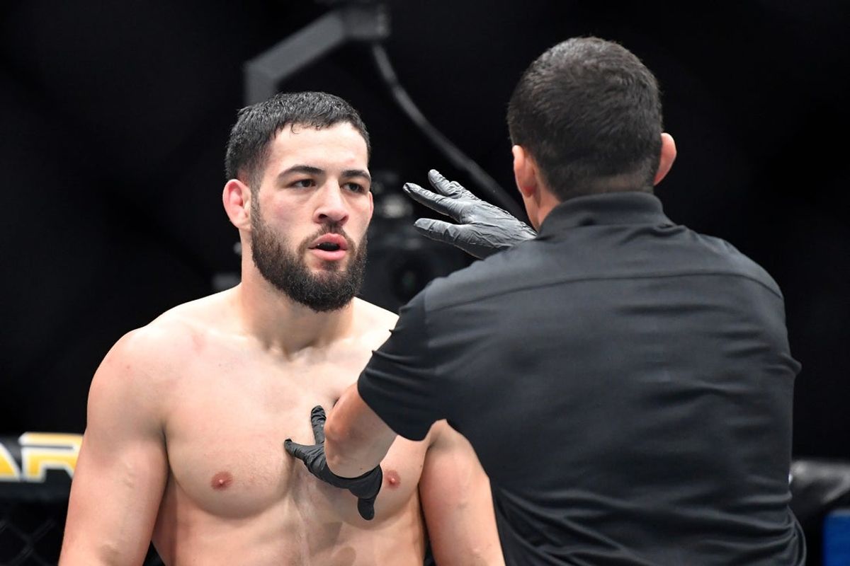 Nassourdine Imavov is warned by the referee during the first round of his middleweight main bout against Jared Cannonier at the UFC Fight Night mixed martial arts event Saturday, June 8 2024 in Louisville Ky.Imavov defeated Cannonier in the third round.