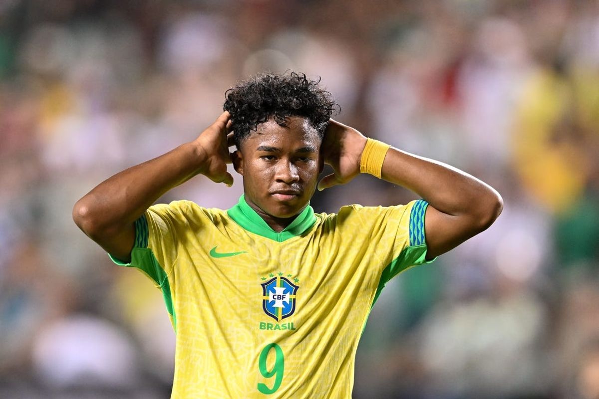 Jun 8, 2024; College Station, TX, USA; Brazil forward Endrick Felipe Sousa (9) reacts to a wide shot on goal during the second half against Mexico at Kyle Field. Mandatory Credit: Maria Lysaker-USA TODAY Sports