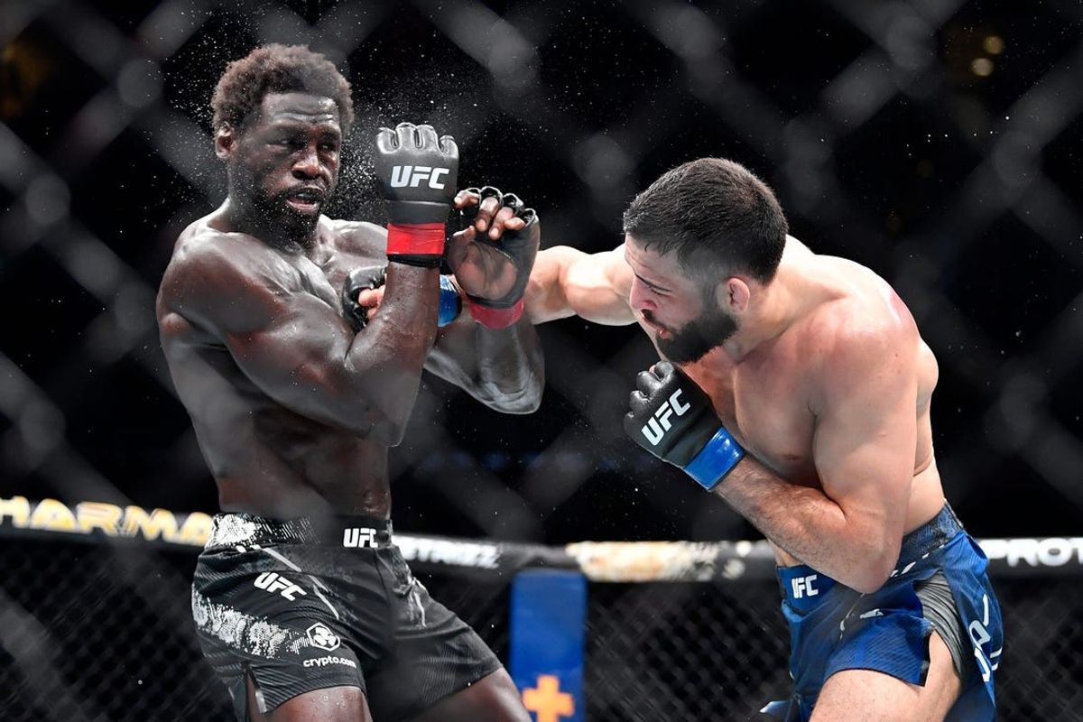 Nassourdine Imavov, right, connected with Jared Cannonier during the third round of their middleweight main bout at the UFC Fight Night mixed martial arts event Saturday, June 8 2024 in Louisville Ky. Imavov defeated Cannonier in the third round.