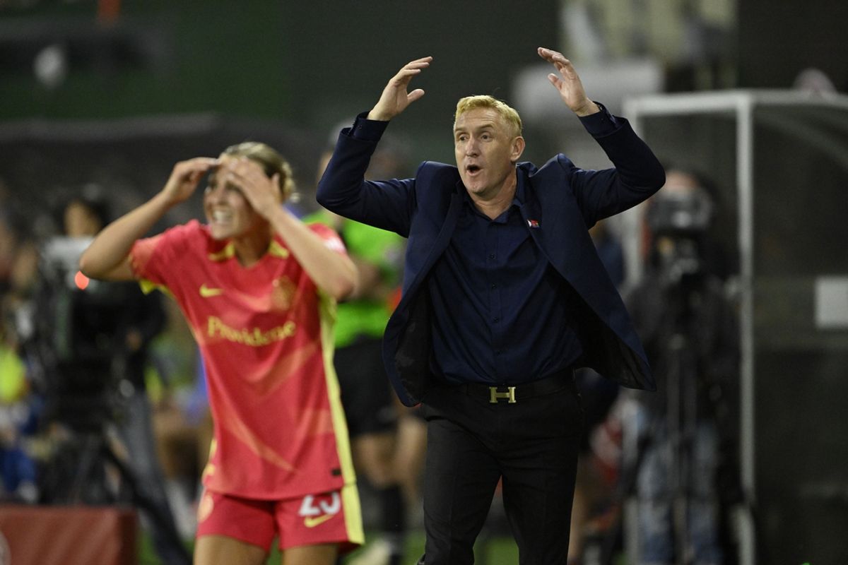 Jun 8, 2024; Portland, Oregon, USA; Portland Thorns FC interim head coach Rob Gale reacts in the second half against the North Carolina Courage at Providence Park. Mandatory Credit: Troy Wayrynen-USA TODAY Sports