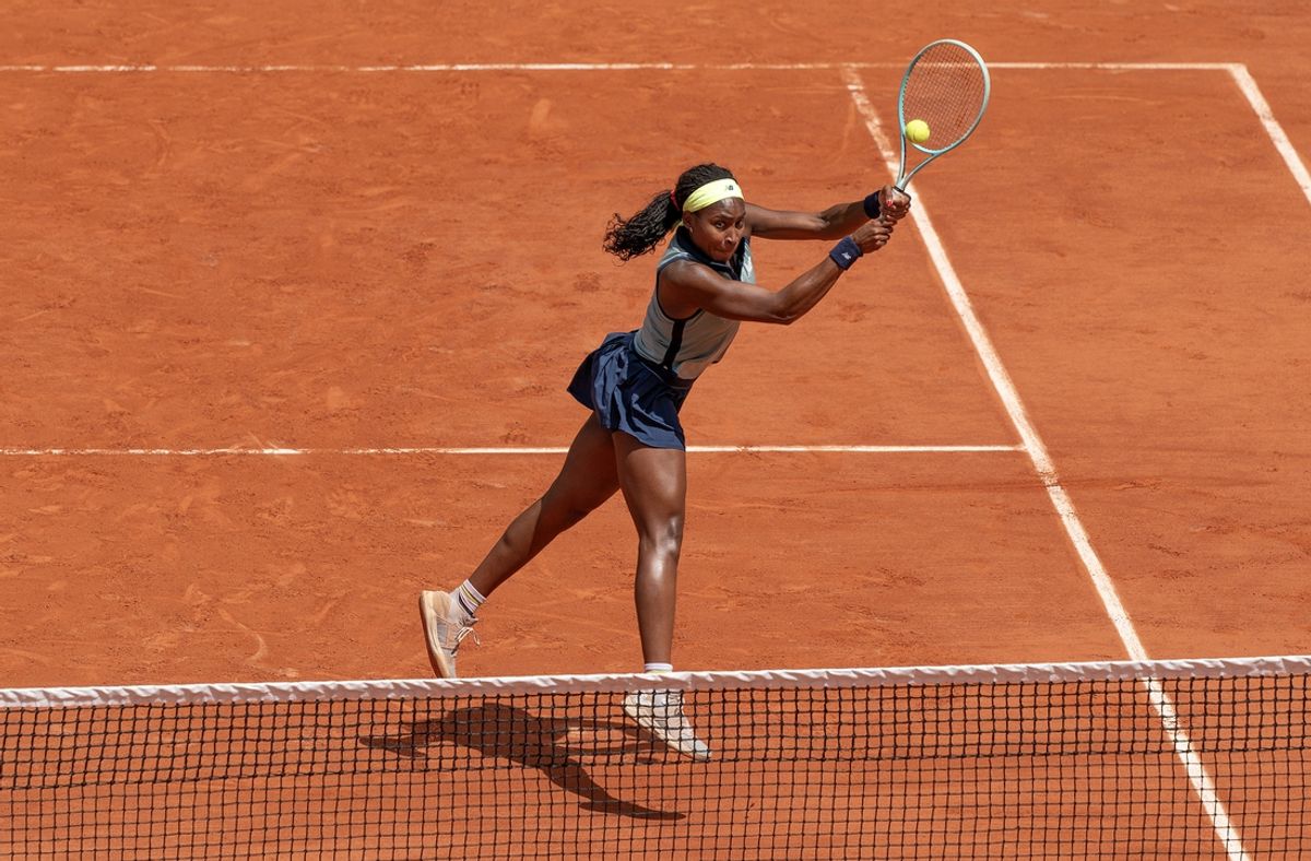 Jun 9, 2024; Paris, France; Coco Gauff of the United States returns a shot during the womenís doubles final with Katerina Siniakova of the Czech Republic against Sara Errani of Italy and Jasmine Paolini of Italy on day 15 of Roland Garros at Stade Roland Garros. Mandatory Credit: Susan Mullane-USA TODAY Sports
