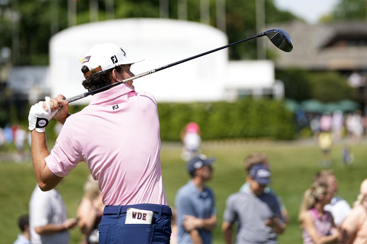 Jun 9, 2024; Dublin, Ohio, USA; Jackson Koivun tees off on the 10th hole during the final round of the Memorial Tournament at Muirfield Village Golf Club. Mandatory Credit: Adam Cairns-Imagn Images