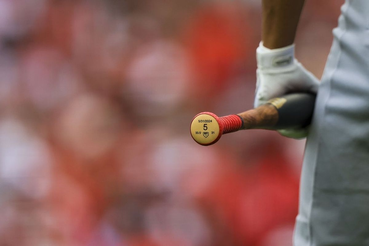 Jun 8, 2024; Cincinnati, Ohio, USA; A detail view of the bat of Chicago Cubs designated hitter Christopher Morel (5) as he prepares on deck during the eighth inning against the Cincinnati Reds at Great American Ball Park. Mandatory Credit: Katie Stratman-Imagn Images