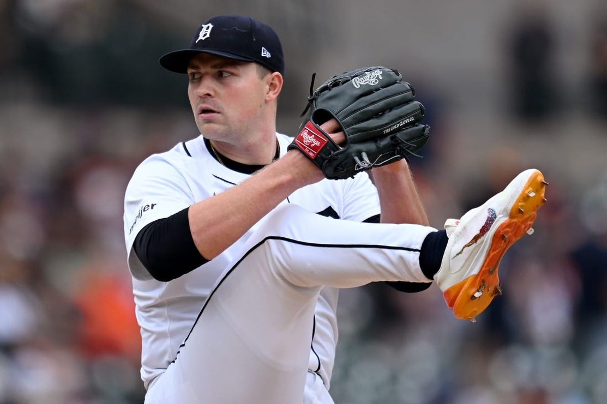Jun 9, 2024; Detroit, Michigan, USA;  Detroit Tigers pitcher Tarik Skubal (29) throws a pitch against the Milwaukee Brewers in the seventh inning at Comerica Park. Mandatory Credit: Lon Horwedel-USA TODAY Sports