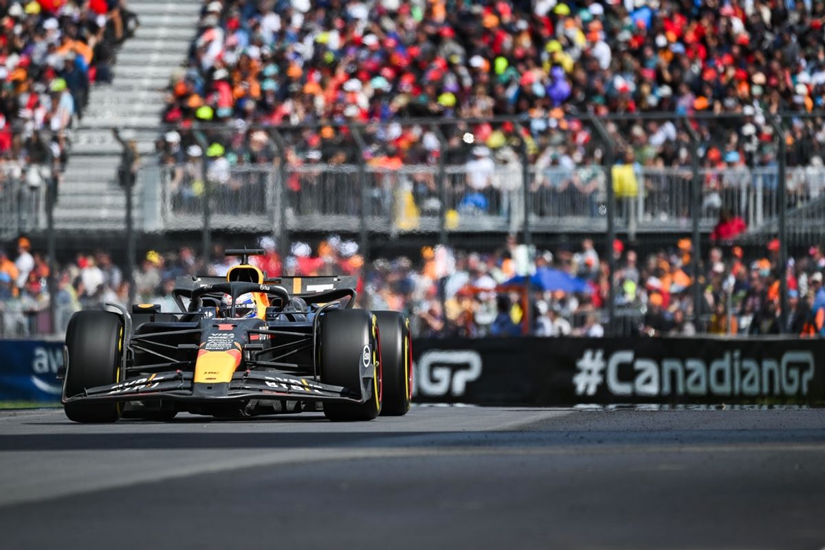 Jun 9, 2024; Montreal, Quebec, CAN; Red Bull Racing driver Max Verstappen (NED) races during the Canadian Grand Prix at Circuit Gilles Villeneuve. Mandatory Credit: David Kirouac-Imagn Images