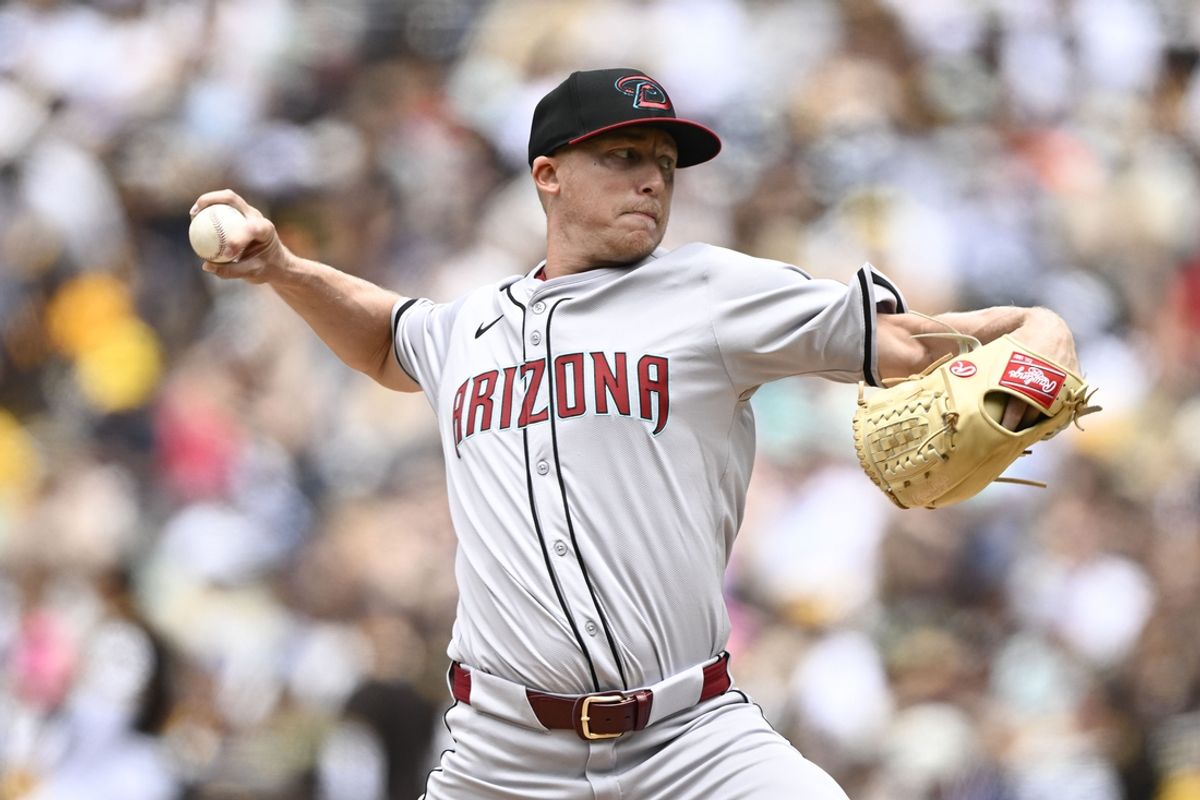 Jun 9, 2024; San Diego, California, USA; Arizona Diamondbacks starting pitcher Scott McGough pitches during the first inning against the San Diego Padres at Petco Park. Mandatory Credit: Denis Poroy-USA TODAY Sports at Petco Park.